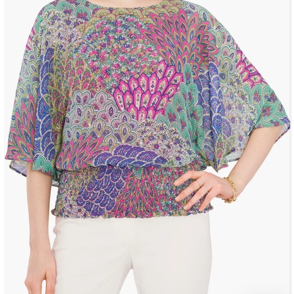 Chaus Women’s Sz M Blouse Dolman Sleeve Smocked Waist Vibrant Airy Stretch Waist